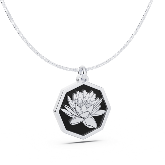 July (Water Lily) Birth Flower Octagon Pendant - 925 Silver