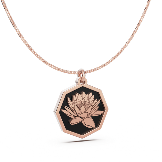 July (Water Lily) Birth Flower Octagon Pendant - 9ct Rose Gold