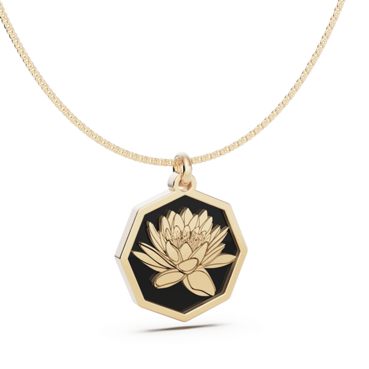 July (Water Lily) Birth Flower Octagon Pendant - 9ct Yellow Gold