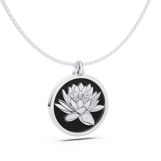 July (Water Lily) Birth Flower Round Pendant - 925 Silver