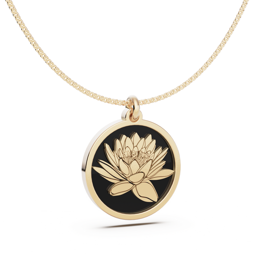 July (Water Lily) Birth Flower Round Pendant - 9ct Yellow Gold