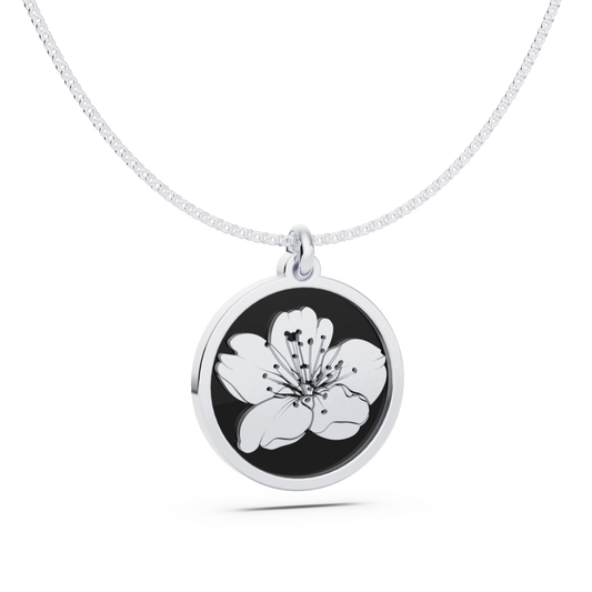 March (Cherry Blossom) Birth Flower Round Pendant - 925 Silver