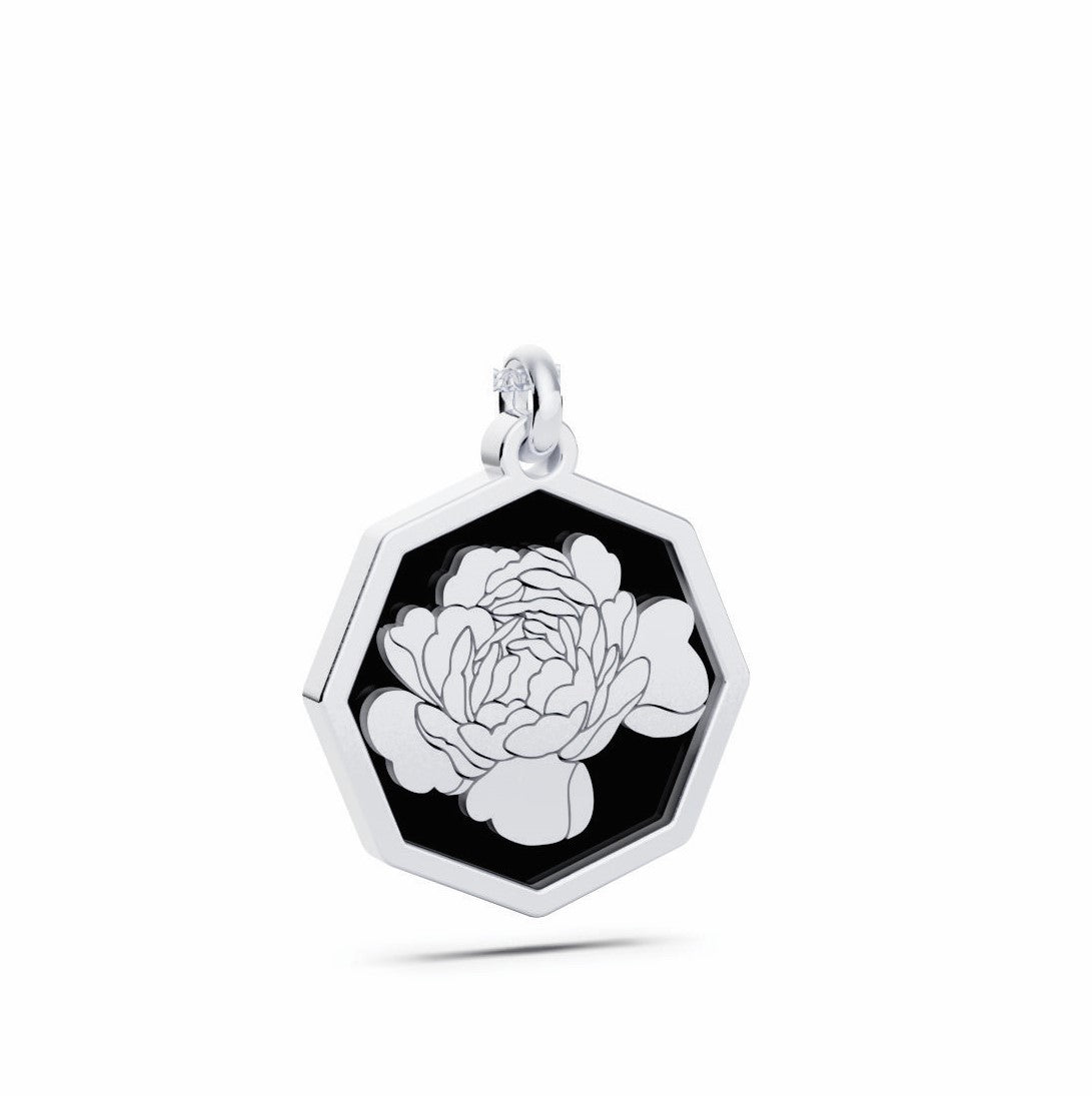 November (Peony) Birth Flower Octagon Pendant - 925 Silver