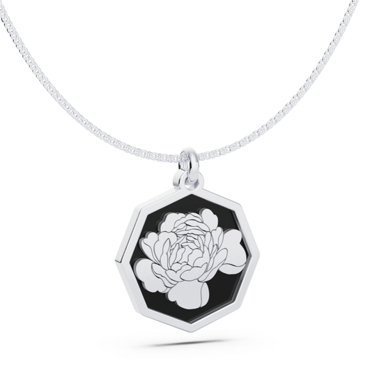 November (Peony) Birth Flower Octagon Pendant - 925 Silver