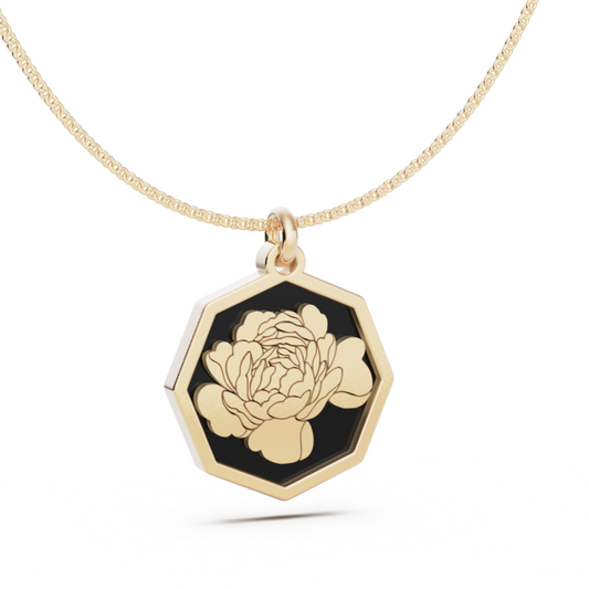 November (Peony) Birth Flower Octagon Pendant - 9ct Yellow Gold