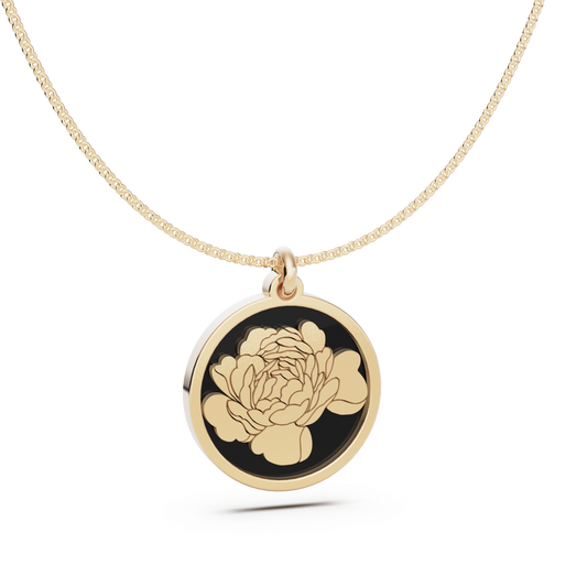 November (Peony) Birth Flower Round Pendant - 9ct Yellow Gold