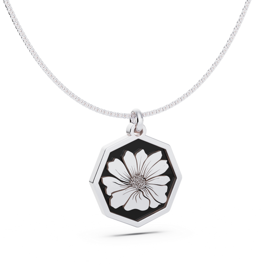 October (Cosmos) Birth Flower Octagon Pendant - 925 Silver