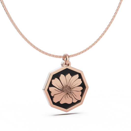 October (Cosmos) Birth Flower Octagon Pendant - 9ct Rose Gold