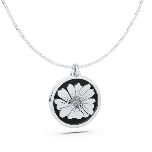 October (Cosmos) Birth Flower Round Pendant - 925 Silver