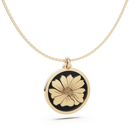 October (Cosmos) Birth Flower Round Pendant - 9ct Yellow Gold