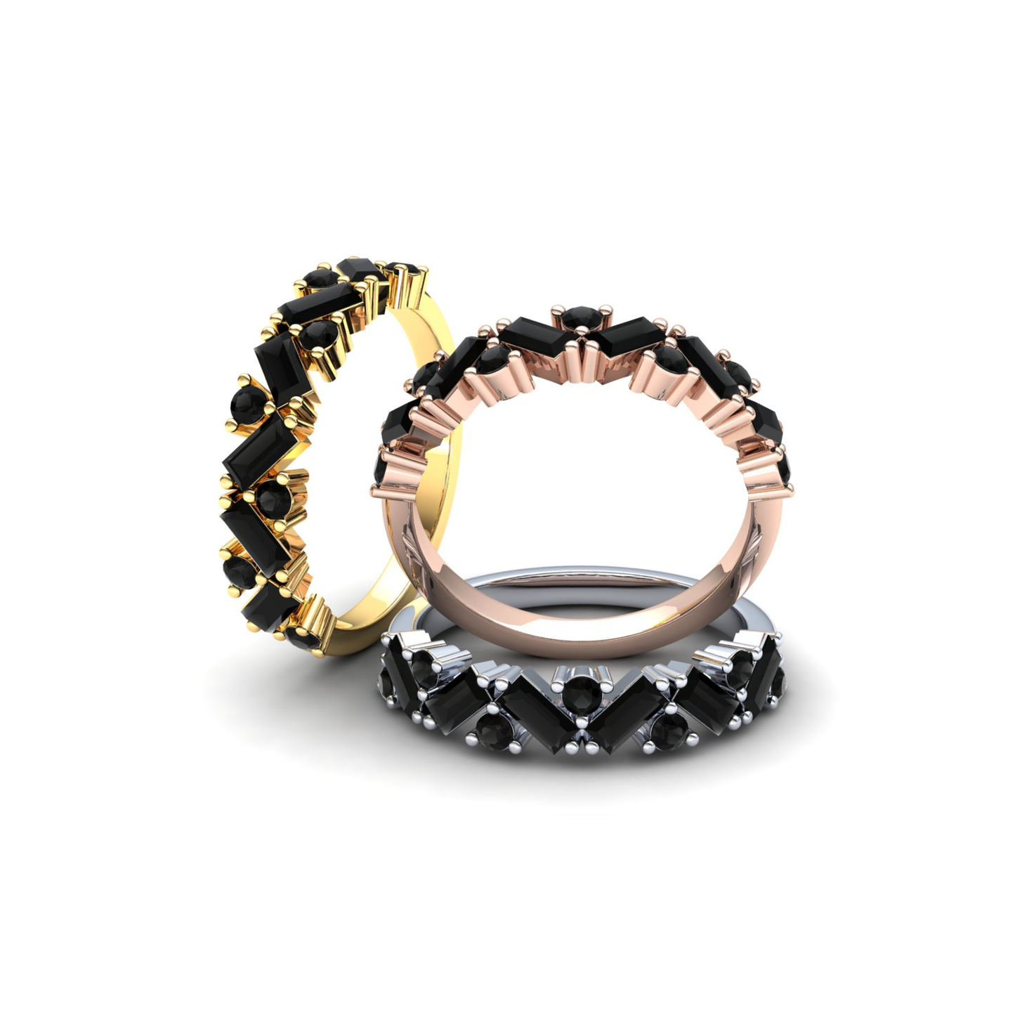 9ct Gold Lily Stack Ring - Black Stones